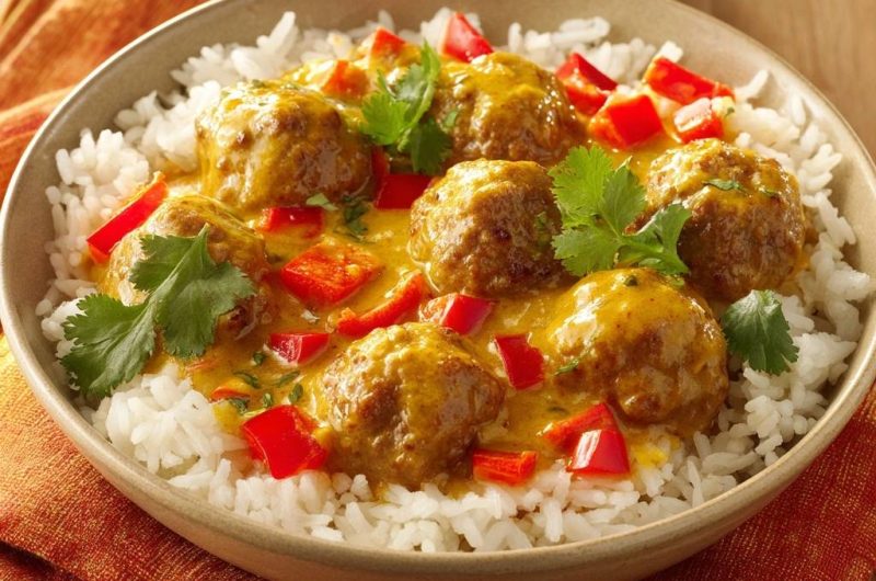 Saftige Rindfleischbällchen im Gelben Curry mit Reis