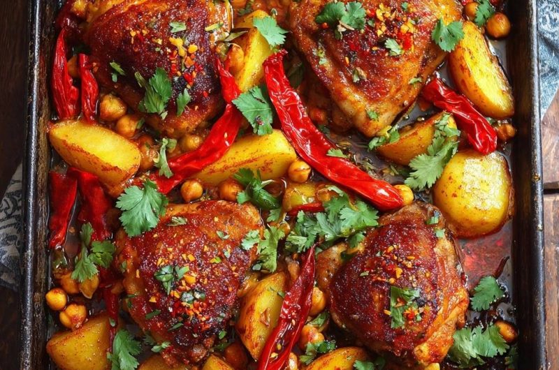 Saftiges Ofenhähnchen mit Kichererbsen, Chili-Kartoffeln und Koriander