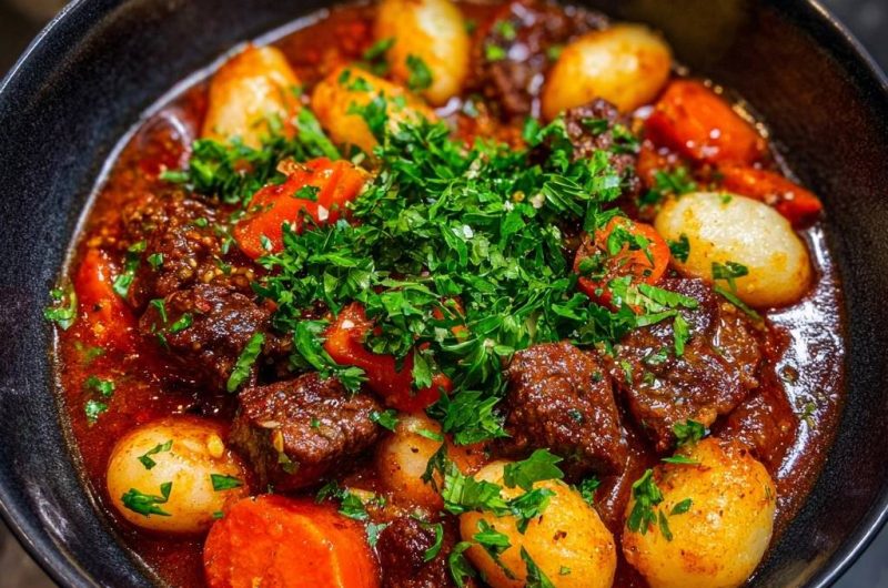 Saftiges Rindfleisch-Gulasch mit Perlzwiebeln