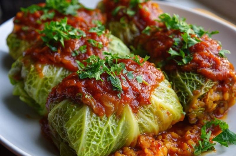 Vegetarische Kohlrouladen mit Linsencurry-Füllung
