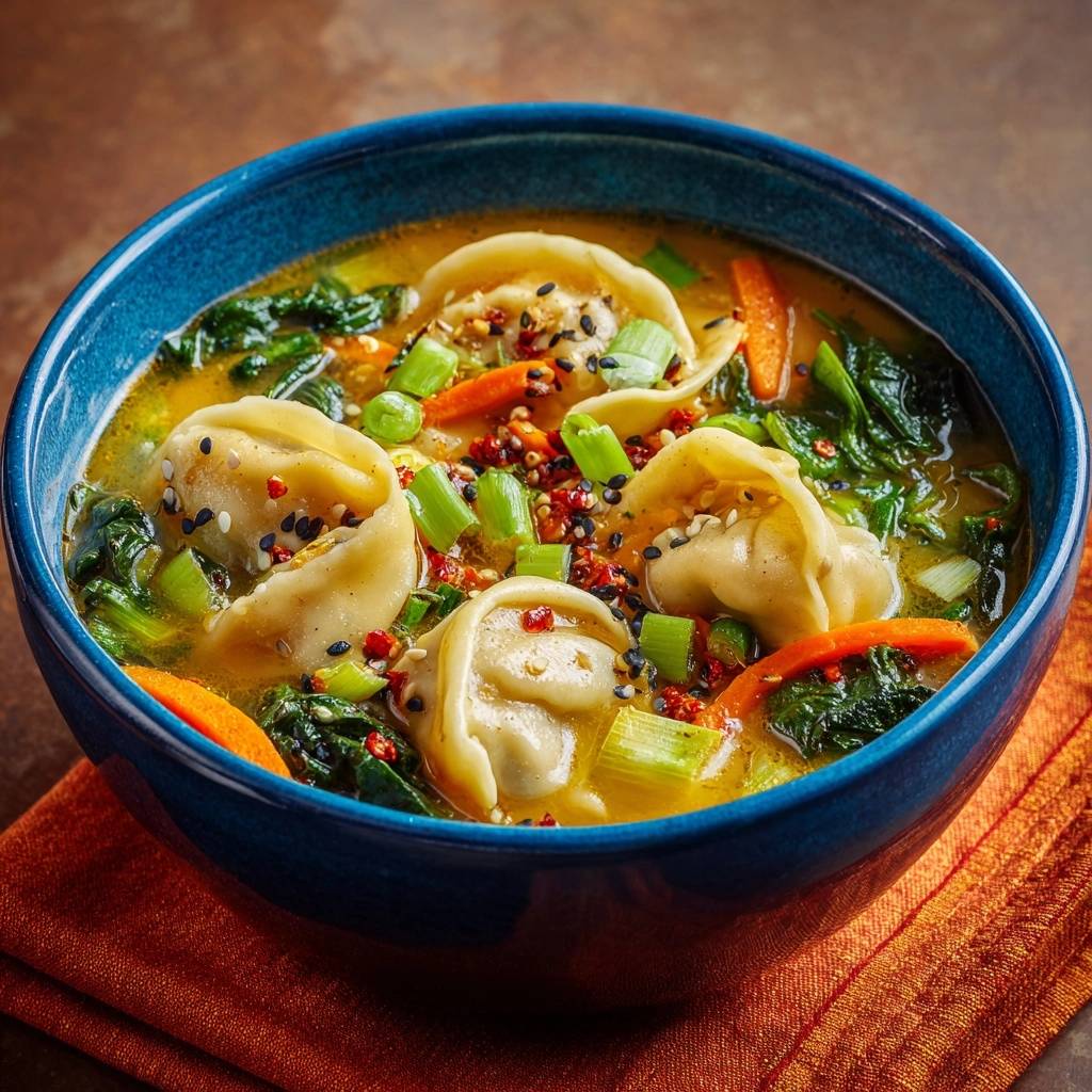 Asiatische Dumpling Suppe Nahaufnahme 1 Asiatische Dumpling-Suppe aus nächster Nähe betrachtet, mit frischem Gemüse und köstlichen Teigtaschen in einer tiefen blauen Schüssel.