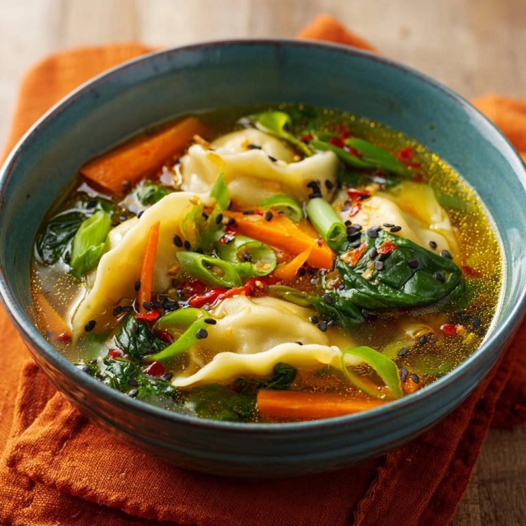 Asiatische Dumpling-Suppe in einer Nahaufnahme, serviert in einer blauen Schüssel, garniert mit frischem Gemüse und schwarzen Sesamsamen.