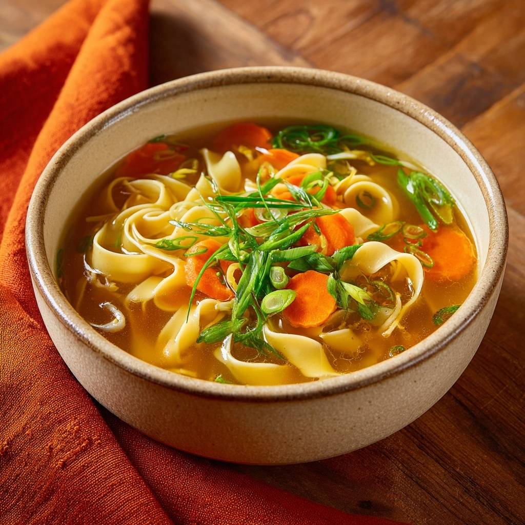 Asiatische Udon Gemuese Suppe Nahaufnahme Serviert 1 Asiatische Udon-Gemüse-Suppe in einer rustikalen Schüssel serviert, mit frischen Karotten und Frühlingszwiebeln garniert.