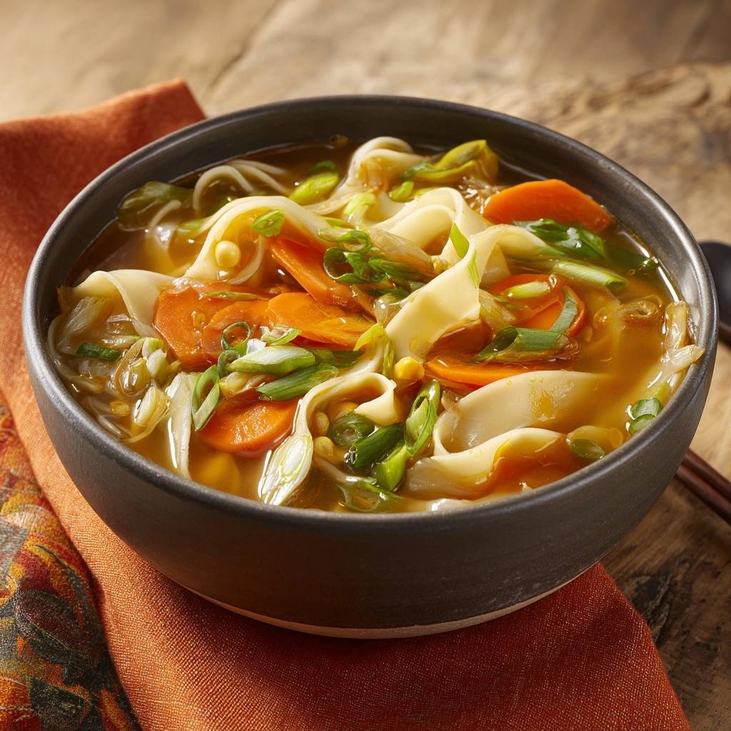 Asiatische Udon-Gemüse-Suppe serviert in einer dunklen Schüssel, garniert mit frischem Schnittlauch und Karotten, die zum Genuss einlädt.