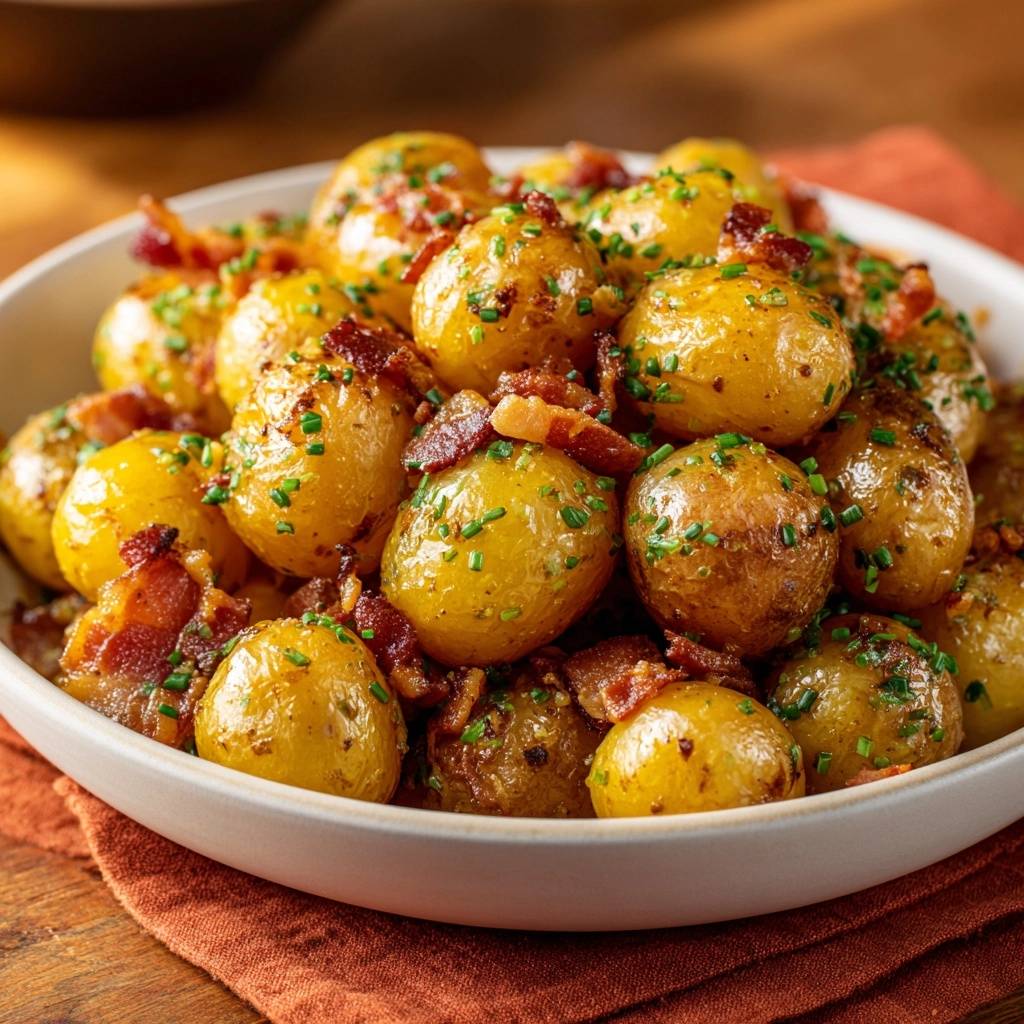 Babykartoffeln mit Speck und Schnittlauch, serviert in einer Schüssel. Die knusprigen Kartoffeln sind mit Speckwürfeln und frischem Schnittlauch garniert.