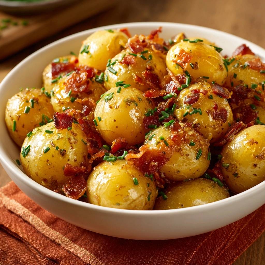 Babykartoffeln mit Speck und Schnittlauch in einer weißen Schüssel, serviert mit knusprigem Speck und frischem Schnittlauch, von oben betrachtet.