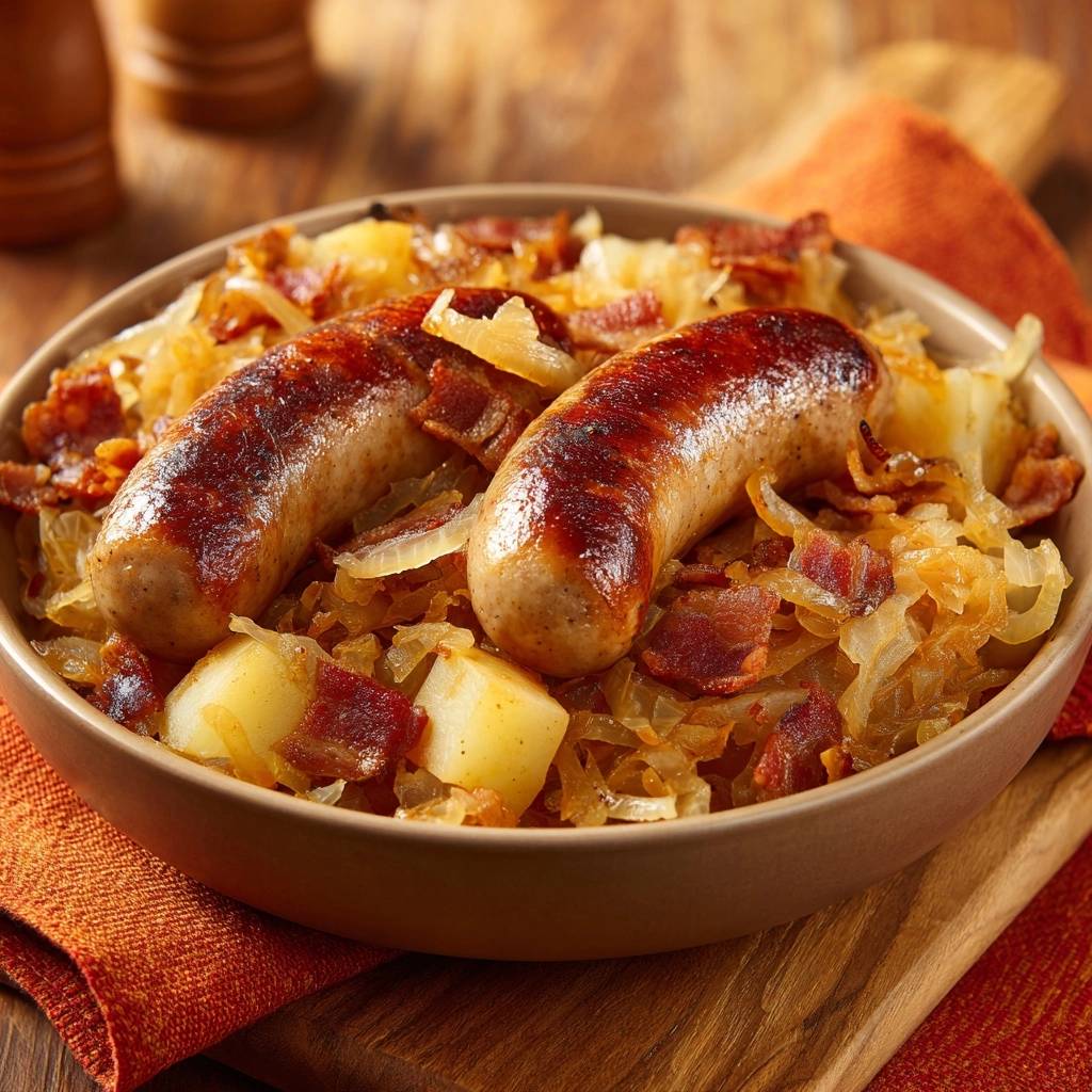 Bratwurst mit Sauerkraut, Kartoffeln & Speck in einer rustikalen Schüssel serviert, aus der Vogelperspektive fotografiert, mit knusprigen Würstchen.