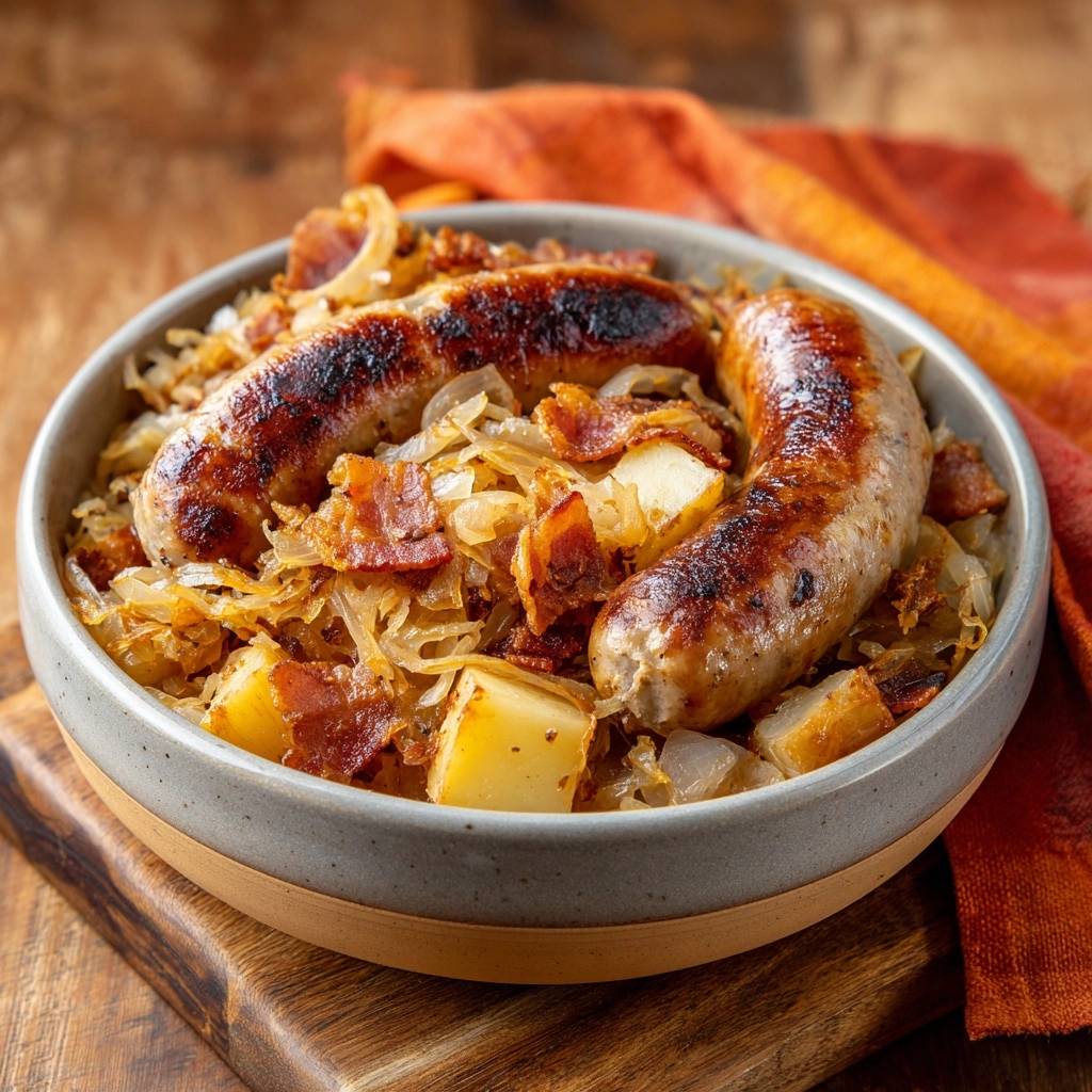 Bratwurst mit Sauerkraut, Kartoffeln & Speck serviert in einer rustikalen Schüssel, von oben betrachtet, mit knusprigen Würstchen.