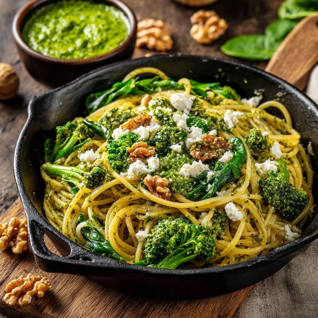 Brokkoli Pesto Spaghetti Mit Feta Und Walnuessen Draufsicht 1 Brokkoli-Pesto-Spaghetti mit Feta & Walnüssen in einer gusseisernen Pfanne, serviert mit frischem Pesto, Brokkoli, Walnüssen und Feta-Käse.