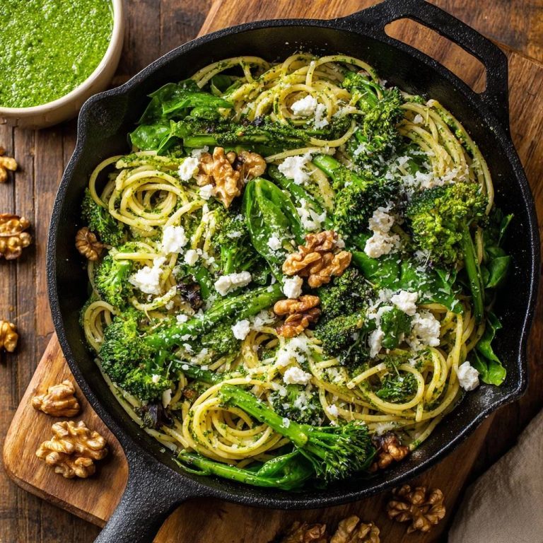 Brokkoli-Pesto-Spaghetti mit Feta & Walnüssen in einer gusseisernen Pfanne, aus der Vogelperspektive gesehen, servierfertig.