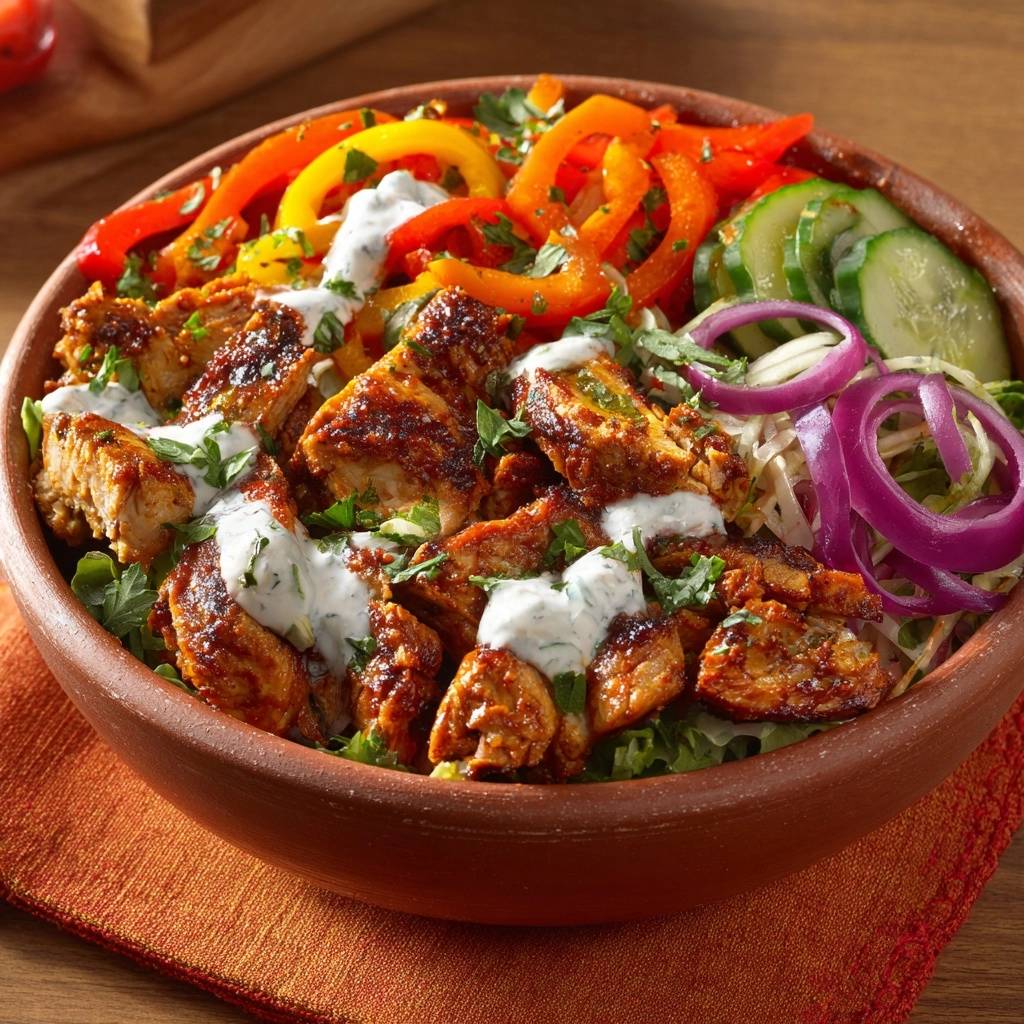 Bunter Chicken Tikka Bowl Draufsicht Serviert 1 Bunter Chicken Tikka Bowl, serviert in einer rustikalen Schüssel, mit saftigem Hähnchen, frischem Gemüse und cremiger Sauce.