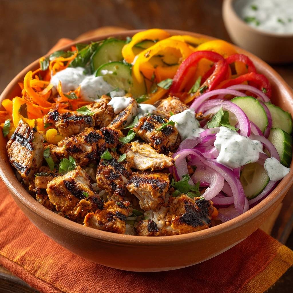 Bunter Chicken Tikka Bowl, serviert in einer rustikalen Schüssel, mit gegrilltem Hähnchen, frischem Gemüse und cremiger Sauce.