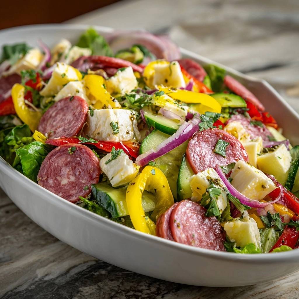 Bunter Salami Mozzarella Salat Draufsicht 1 Bunter Salami-Mozzarella-Salat, serviert in einer weißen Schüssel, zeigt eine appetitliche Draufsicht auf die frischen Zutaten.