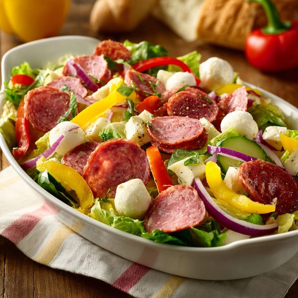 Bunter Salami-Mozzarella-Salat, serviert in einer weißen Schüssel von oben gesehen, mit frisch geschnittenem Salami und Mozzarella-Kugeln.