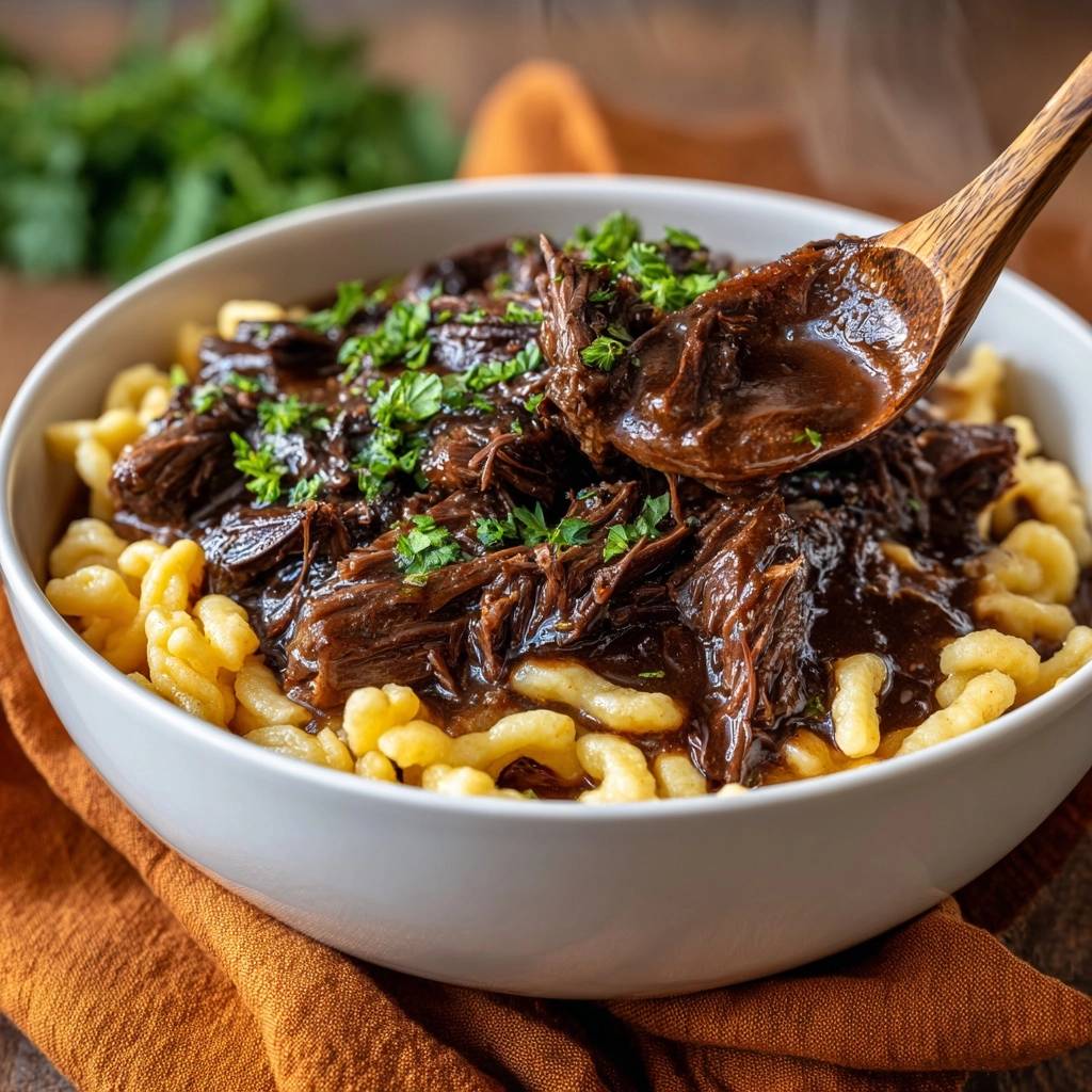 Butterzartes Rindergulasch mit Spätzle wird von einem Löffel serviert. Die köstliche Soße bedeckt das zarte Fleisch und die Spätzle.