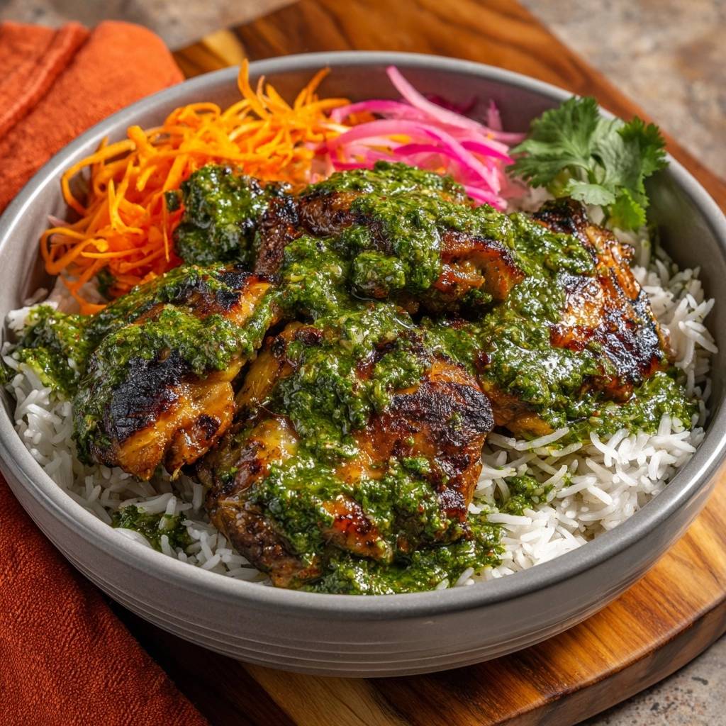 Chimichurri-Hähnchen-Bowl serviert in einer Schüssel mit Reis, frischem Gemüse und der leckeren Chimichurri-Soße.