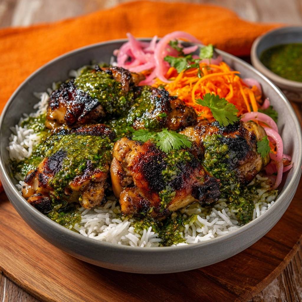 Chimichurri-Hähnchen-Bowl serviert in einer Schüssel mit Reis, frischem Chimichurri, eingelegten Zwiebeln und Karotten, perfekt angerichtet.