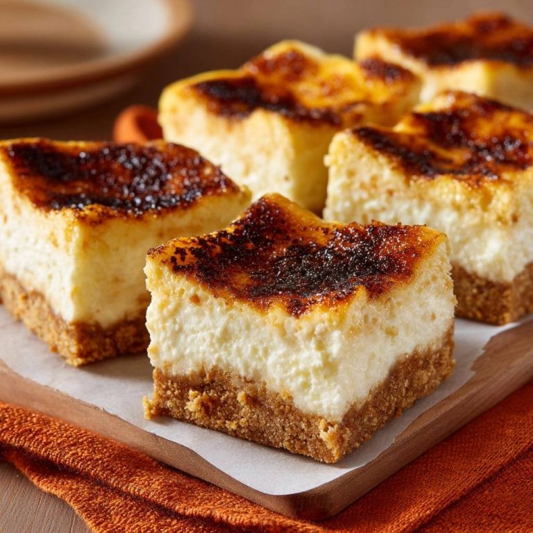Crème Brûlée Käsekuchen Querschnitt, der die cremige Füllung und die karamellisierte Oberfläche zeigt, serviert auf einem Holzbrett.