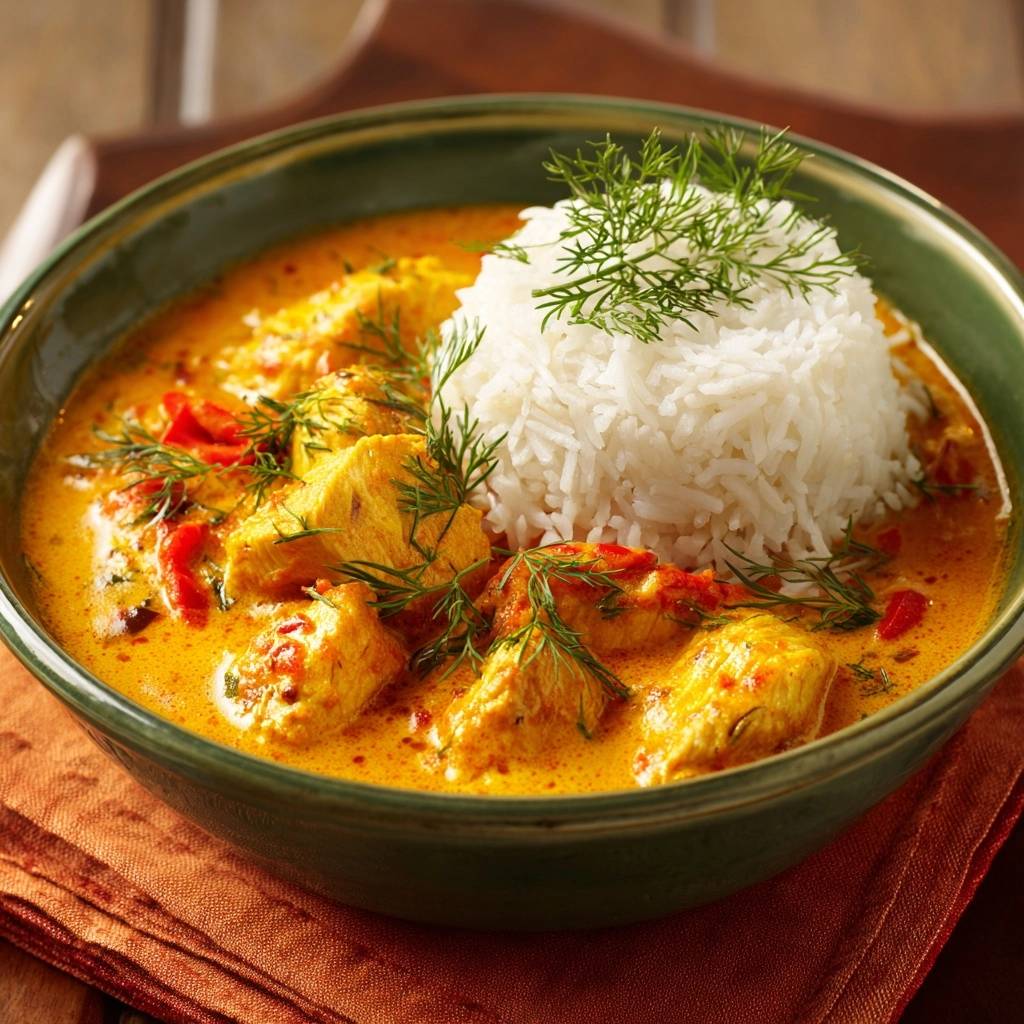 Cremiges gelbes Hähnchen-Curry serviert in einer grünen Schüssel mit Reis und frischen Kräutern dekoriert. Ein köstliches und sättigendes Gericht.