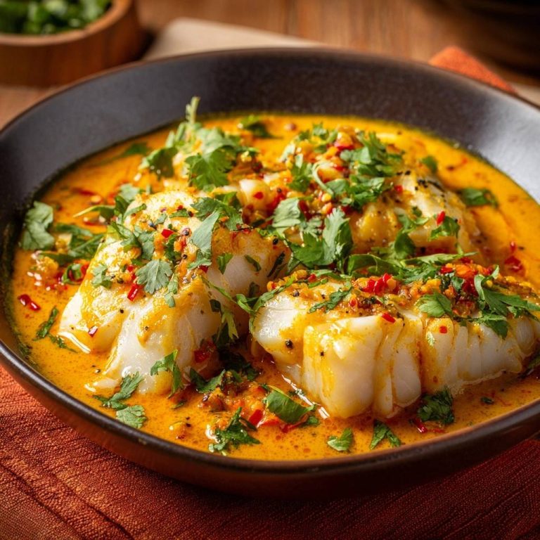 Cremiges Kabeljau-Curry in einer Schüssel serviert, garniert mit frischem Koriander und roten Chiliflocken. Das Gericht ist saftig und appetitlich.