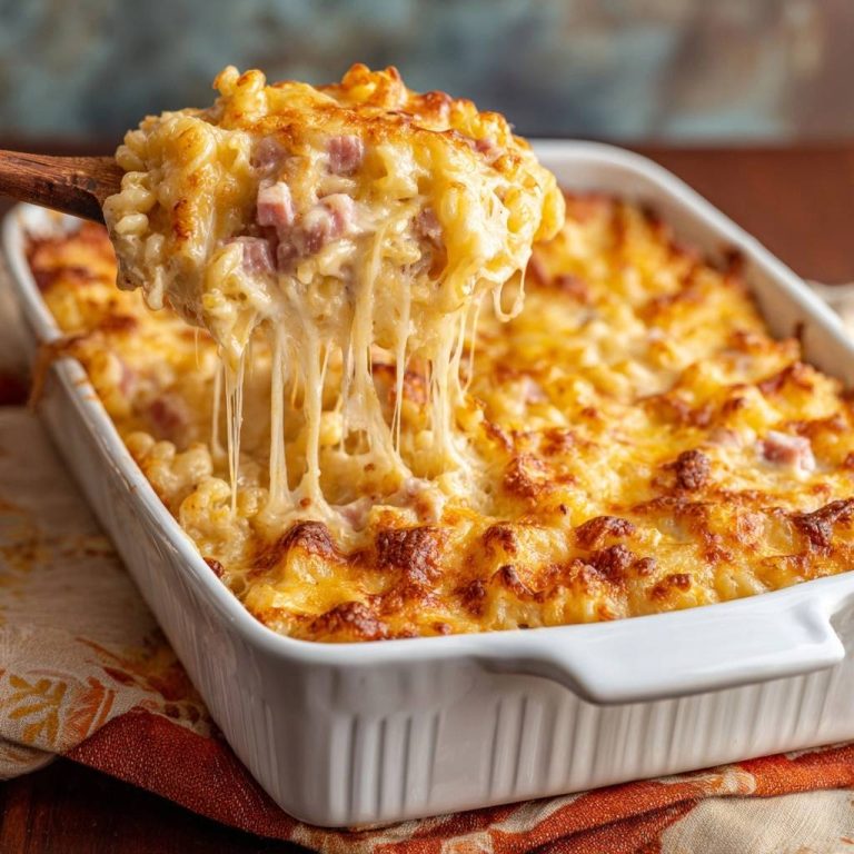 Cremiges Mac and Cheese mit Schinken, das mit geschmolzenem Käse bedeckt ist und lange, dehnbare Fäden bildet.