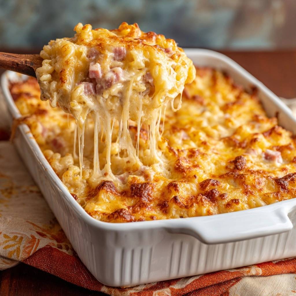 Cremiges Mac and Cheese mit Schinken, das mit geschmolzenem Käse bedeckt ist und lange, dehnbare Fäden bildet.