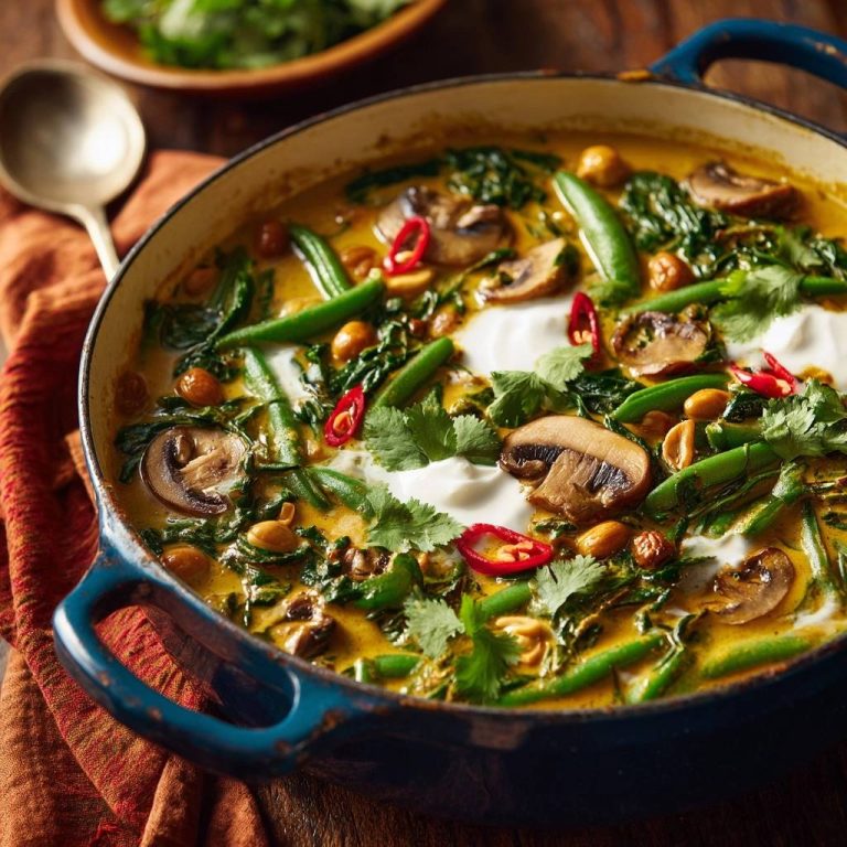 Cremiges Pilz-Gemüse-Curry in einer blauen Pfanne, garniert mit frischen Kräutern, Chili und Joghurt-Kleksen, von oben fotografiert.