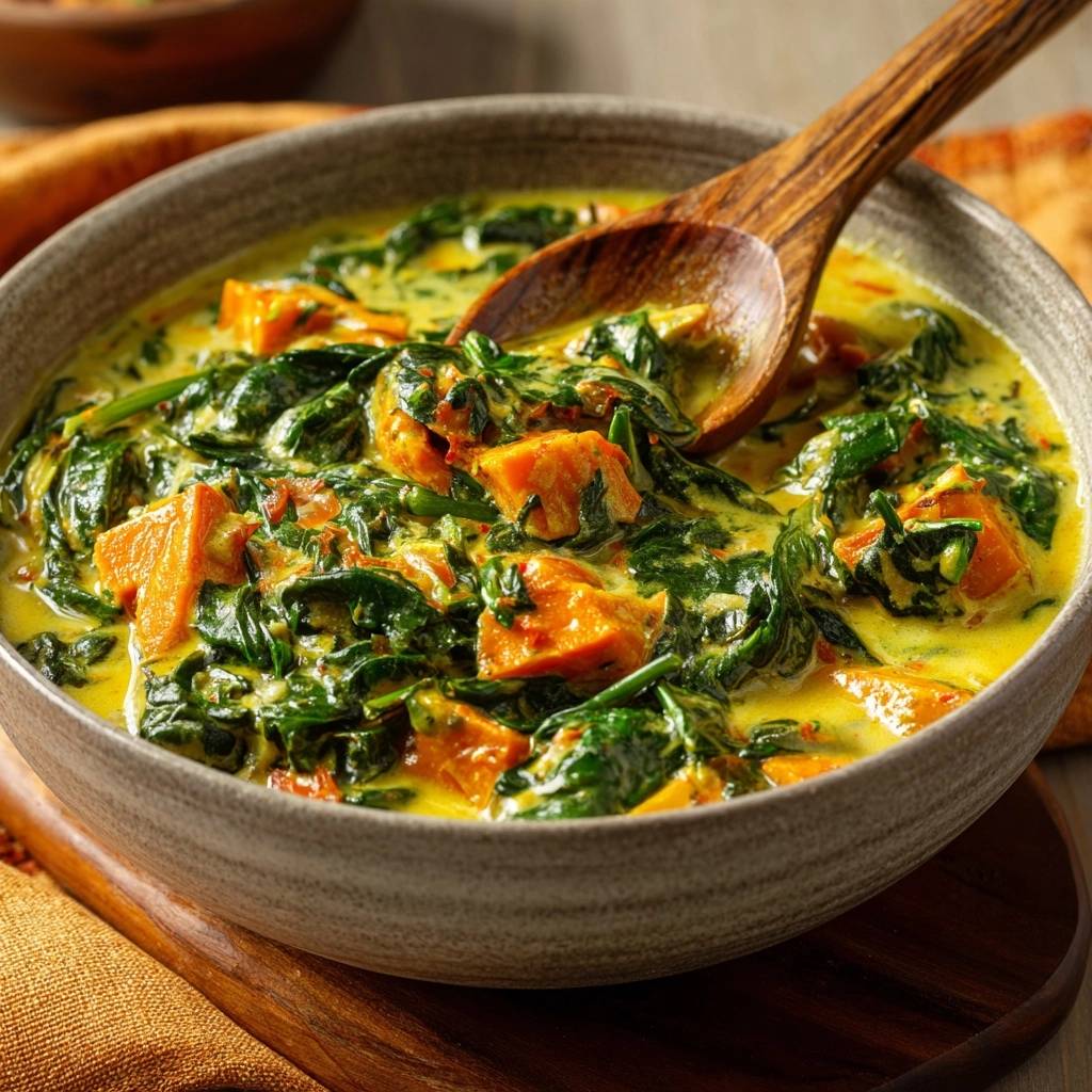 Cremig Suesskartoffel Spinat Curry Nahaufnahme 1 Cremiges Süßkartoffel-Spinat-Curry in Nahaufnahme: Eine Schüssel voller cremiger Köstlichkeit mit frischem Spinat und Süßkartoffelstücken.
