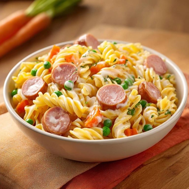 Cremige Fusilli mit Würstchen, Erbsen & Karotten in einer Nahaufnahme, die die cremige Sauce und frischen Zutaten zeigt.