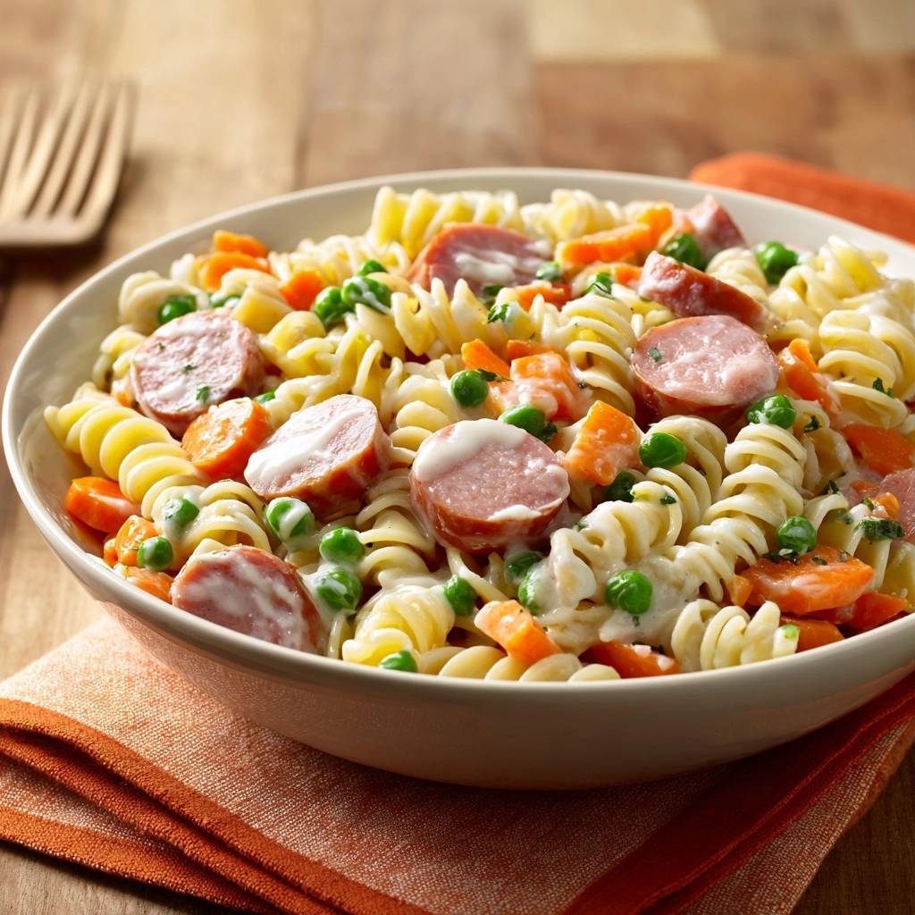 Cremige Fusilli mit Würstchen, Erbsen & Karotten in einer Nahaufnahme, die die cremige Sauce und frischen Zutaten zeigt.