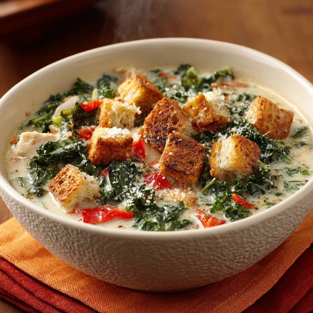 Cremige Hähnchen-Grünkohl-Suppe mit knusprigen Croutons in einer Schüssel, serviert mit frischem Grünkohl und Parmesan-Topping.