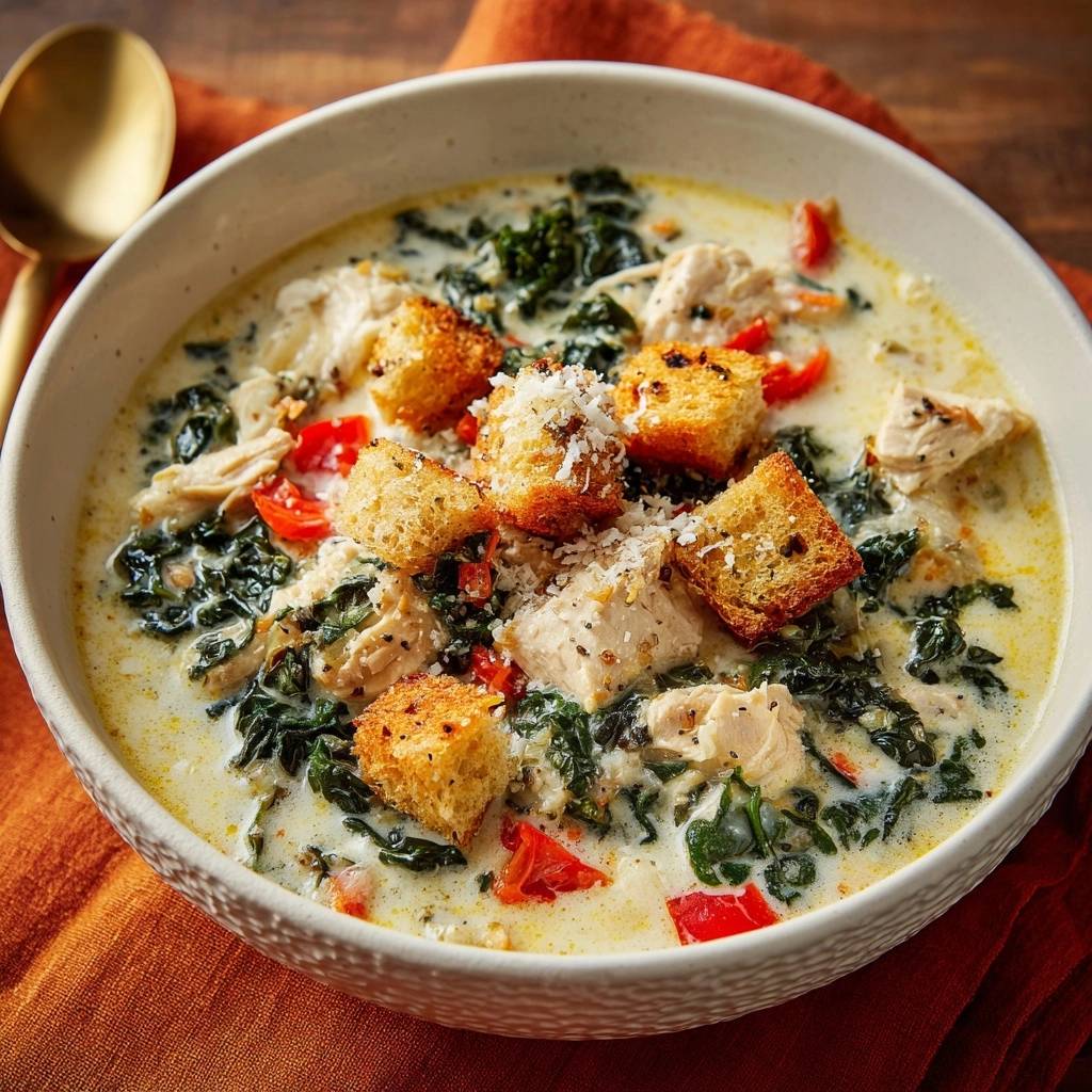 Cremige Hähnchen-Grünkohl-Suppe mit knusprigen Croutons, serviert in einer cremigen Brühe, garniert mit Parmesan und frischem Gemüse.