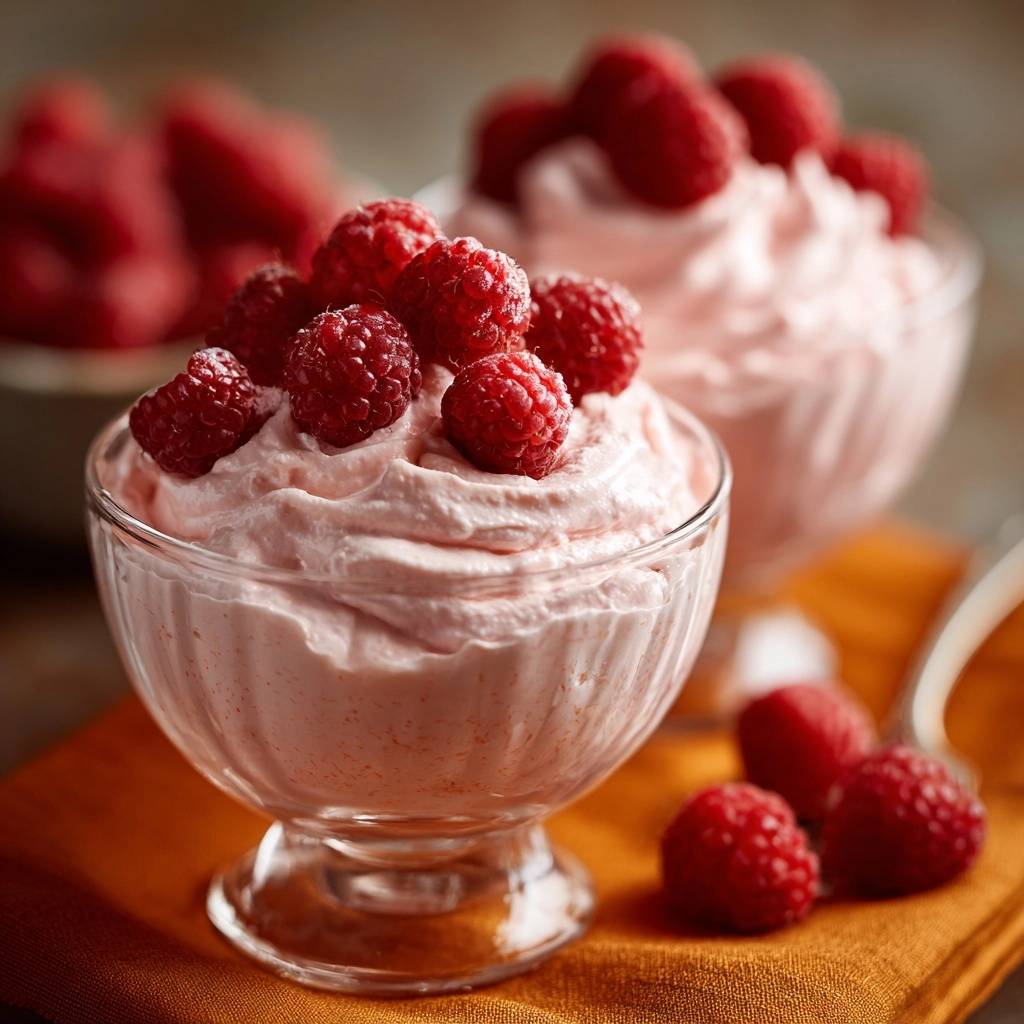 Cremige Himbeersahne im Glas, garniert mit frischen Himbeeren, in einer Nahaufnahme. Die cremige Textur lädt zum Genießen ein und verspricht ein unvergessliches Geschmackserlebnis.