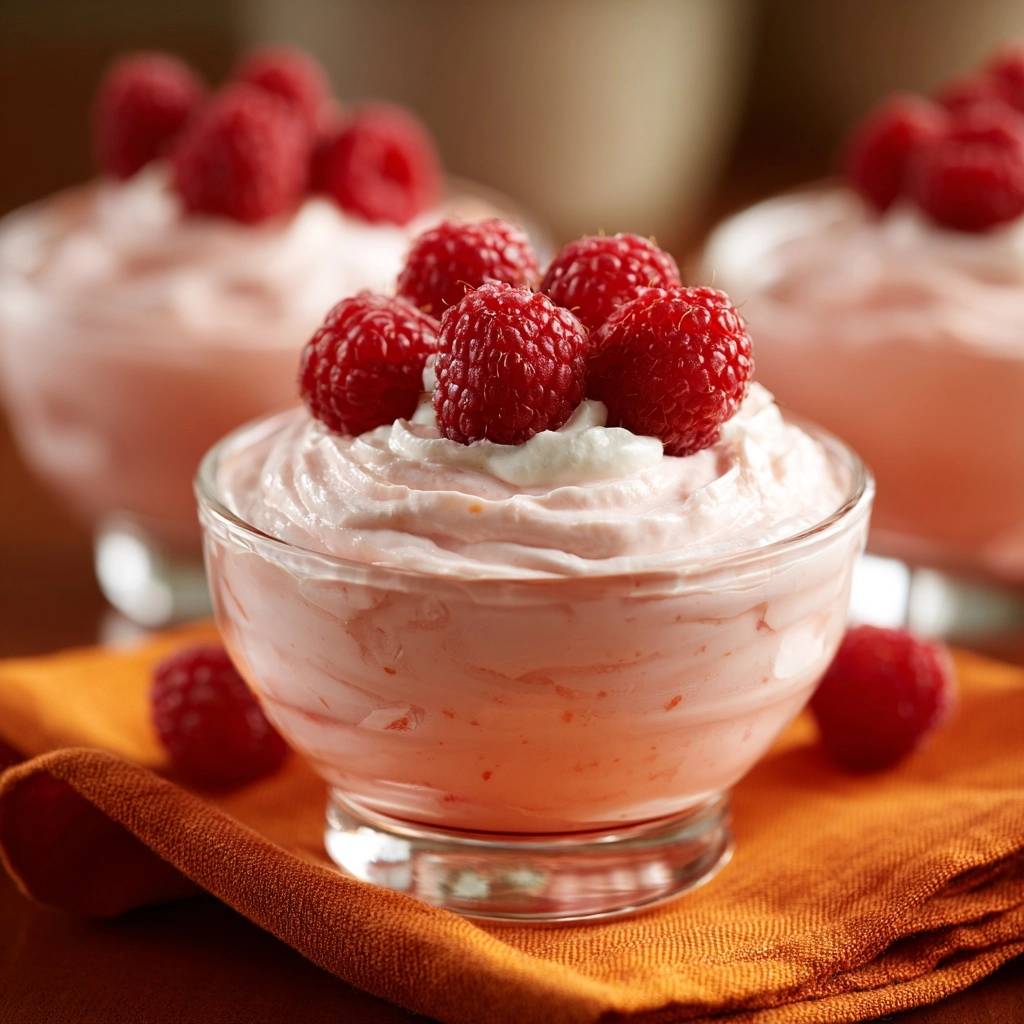 Cremige Himbeersahne im Glas, serviert in eleganten Glasschalen, garniert mit frischen Himbeeren, die zum sofortigen Genuss einladen.