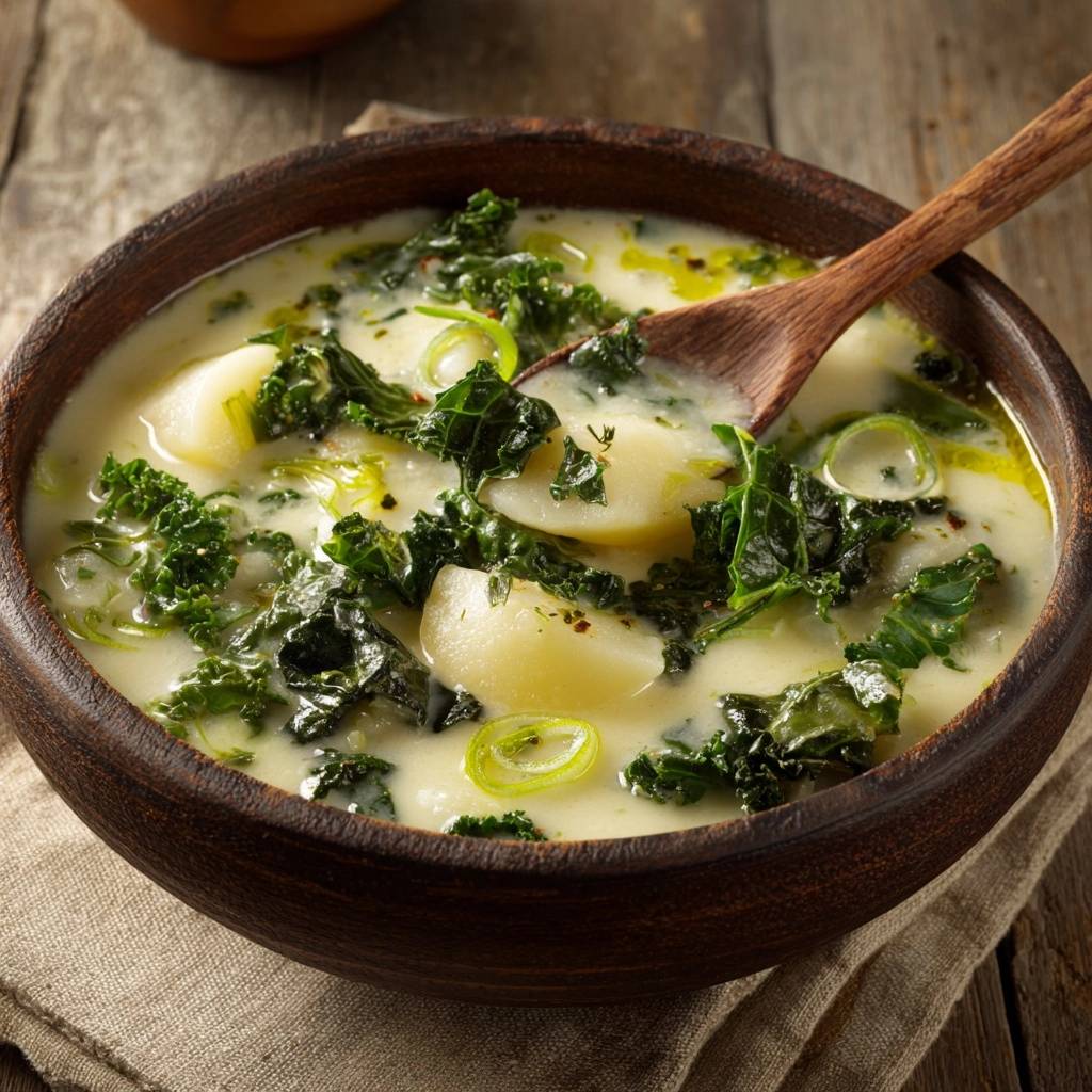 Cremige Kartoffel-Grünkohl-Suppe in einer rustikalen Holzschale, eine Nahaufnahme des cremigen Suppentellers mit Grünkohl und Kartoffeln.