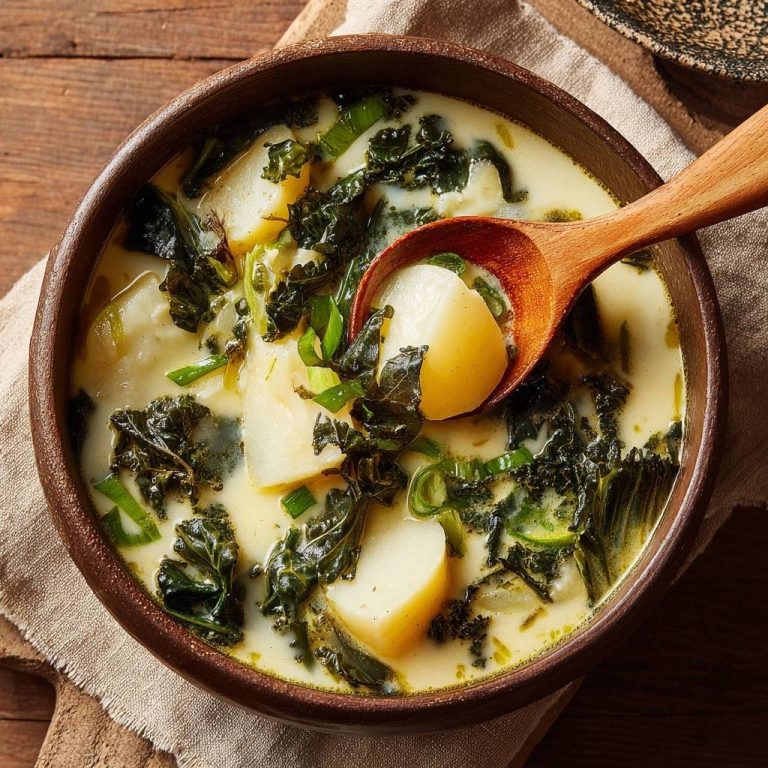 Cremige Kartoffel-Grünkohl-Suppe in einer rustikalen Schüssel, mit einem Löffel, der eine Kartoffel zeigt. Die warme Suppe ist mit frischem Grünkohl und Lauch verfeinert.