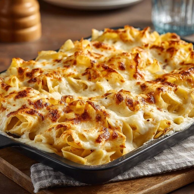 Cremige Käse-Lasagne in einer Auflaufform, von oben fotografiert, mit geschmolzenem Käse und goldbrauner Kruste.