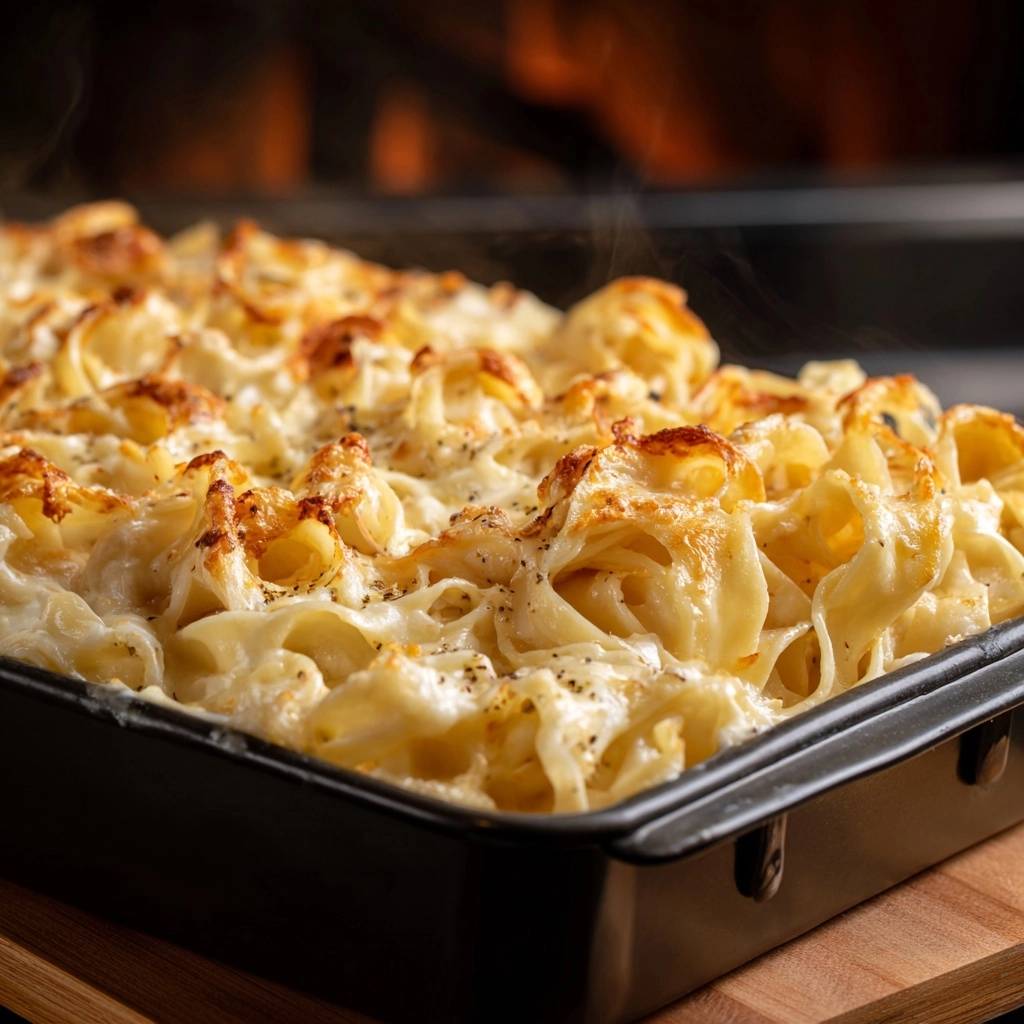 Cremige Kase Lasagne Frisch Gebacken 1 Cremige Käse-Lasagne in einer Auflaufform, frisch aus dem Ofen, mit dampfendem Käse und goldbrauner Kruste.