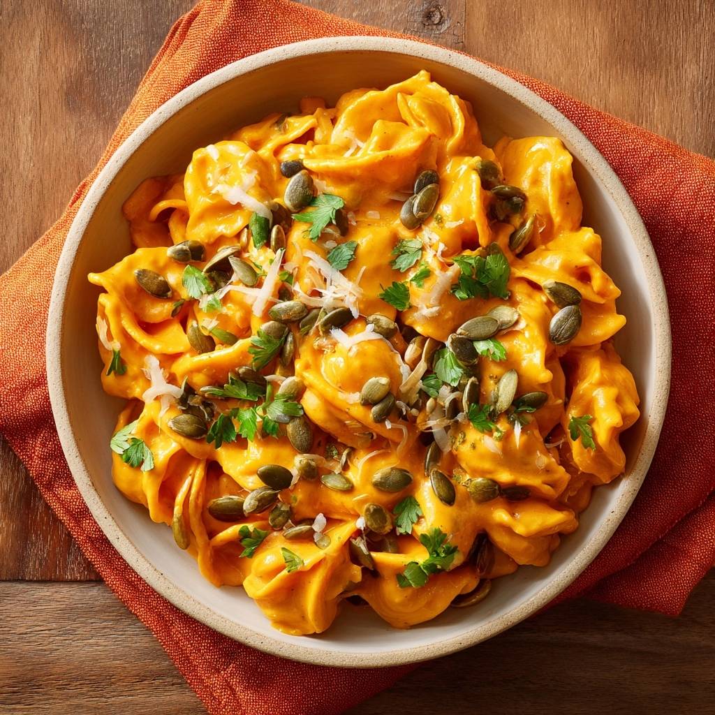 Cremige Kürbis-Pappardelle in einer Schüssel, garniert mit gerösteten Kürbiskernen, frischer Petersilie und Parmesan, von oben betrachtet.