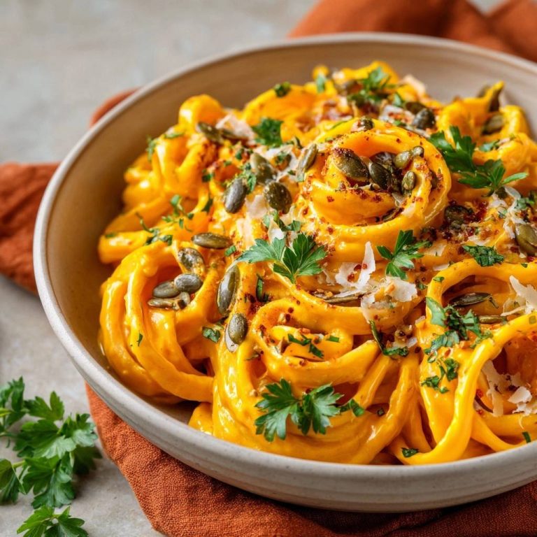 Cremige Kürbis-Pappardelle in Nahaufnahme, garniert mit Kürbiskernen, frischer Petersilie und Parmesan, serviert in einer rustikalen Schale.