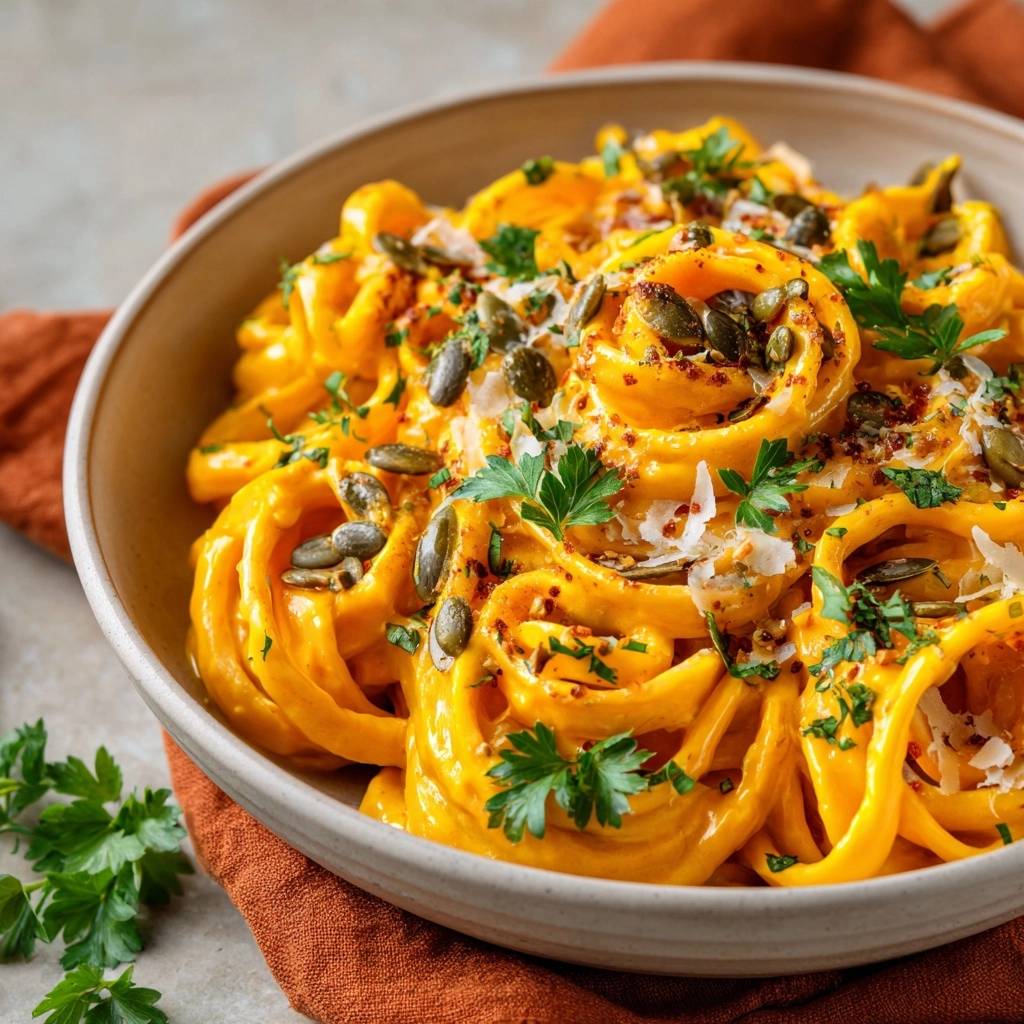 Cremige Kürbis-Pappardelle in Nahaufnahme, garniert mit Kürbiskernen, frischer Petersilie und Parmesan, serviert in einer rustikalen Schale.