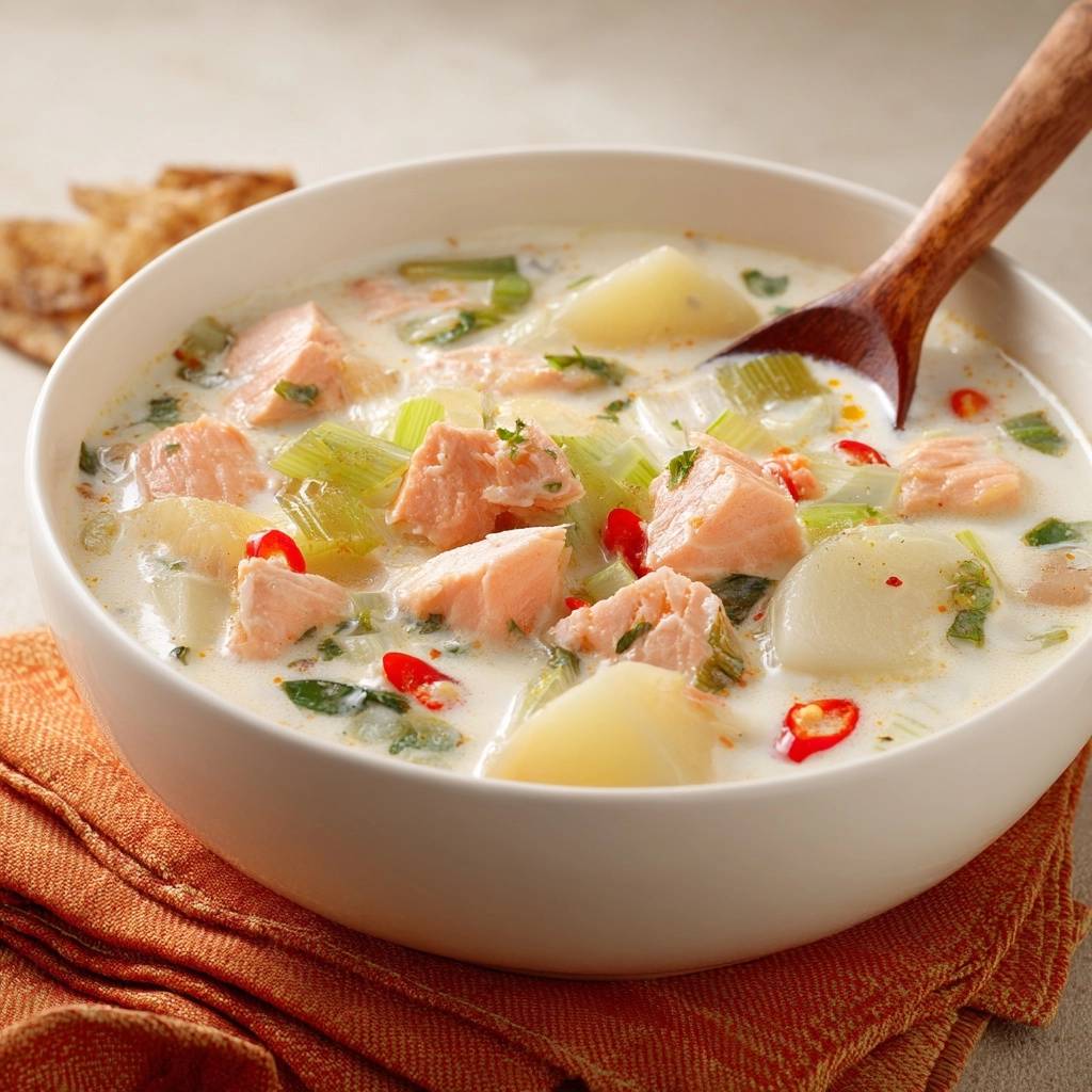Cremige Lachs-Kartoffel-Suppe in einer Schüssel serviert, mit zartem Lachs, Kartoffeln und frischer Petersilie garniert.