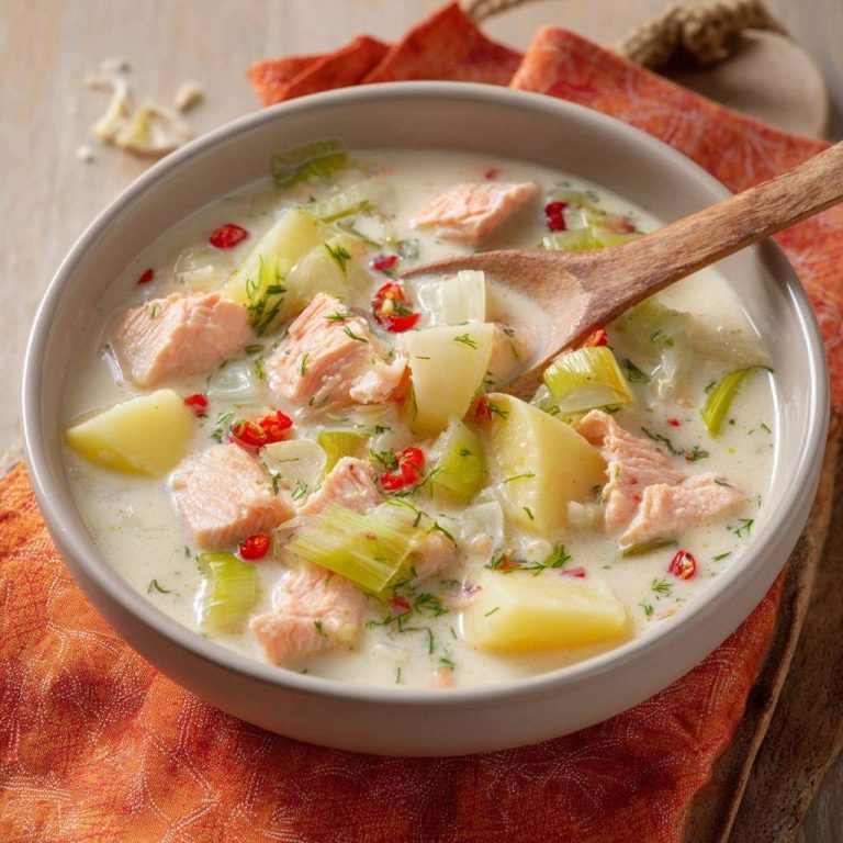 Cremige Lachs-Kartoffel-Suppe serviert in einer Schüssel mit einem Holzlöffel, garniert mit frischem Dill und roten Chilischoten.