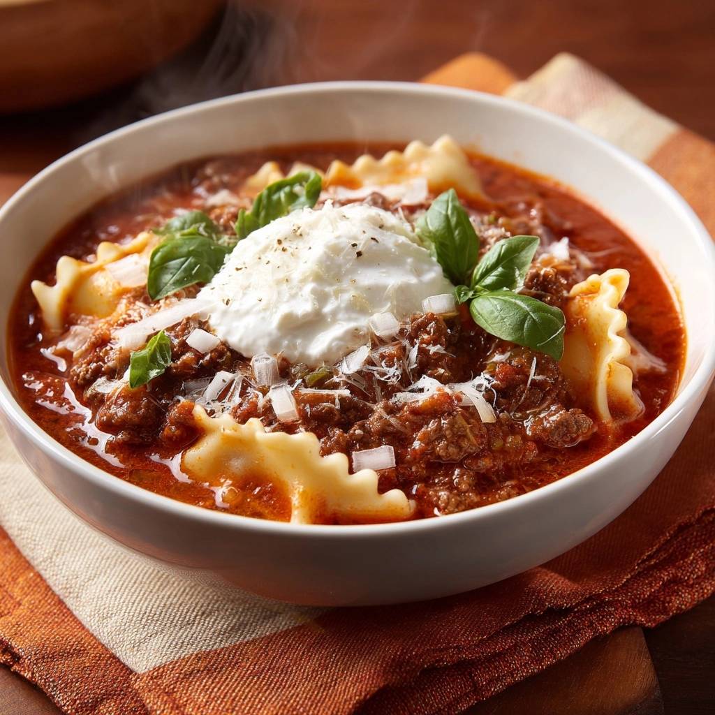 Cremige Lasagne-Suppe, serviert in einer weißen Schüssel, mit frischen Basilikumblättern und einem Klecks Sahne.