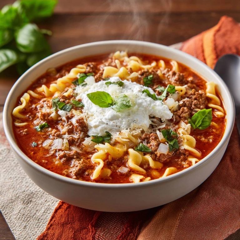 Cremige Lasagne-Suppe serviert in einer Schüssel, garniert mit frischen Kräutern und einem Klecks Sahne. Der dampfende Eintopf ist ein Genuss.