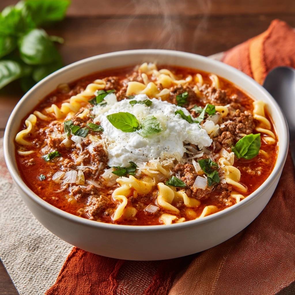 Cremige Lasagne-Suppe serviert in einer Schüssel, garniert mit frischen Kräutern und einem Klecks Sahne. Der dampfende Eintopf ist ein Genuss.