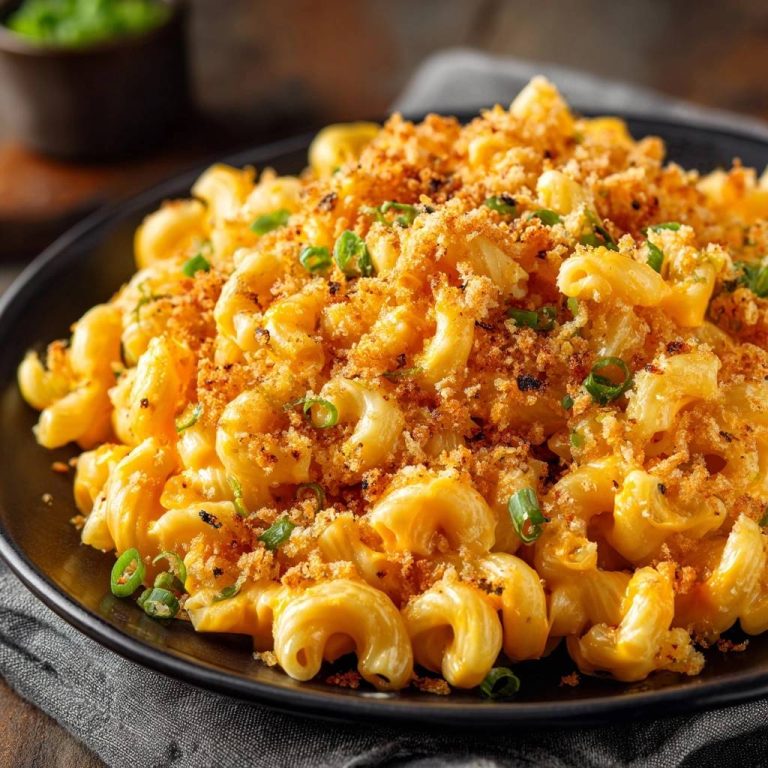 Cremige Mac and Cheese mit Knusperkruste, serviert auf einem schwarzen Teller, mit frischen Kräutern garniert und von oben fotografiert.