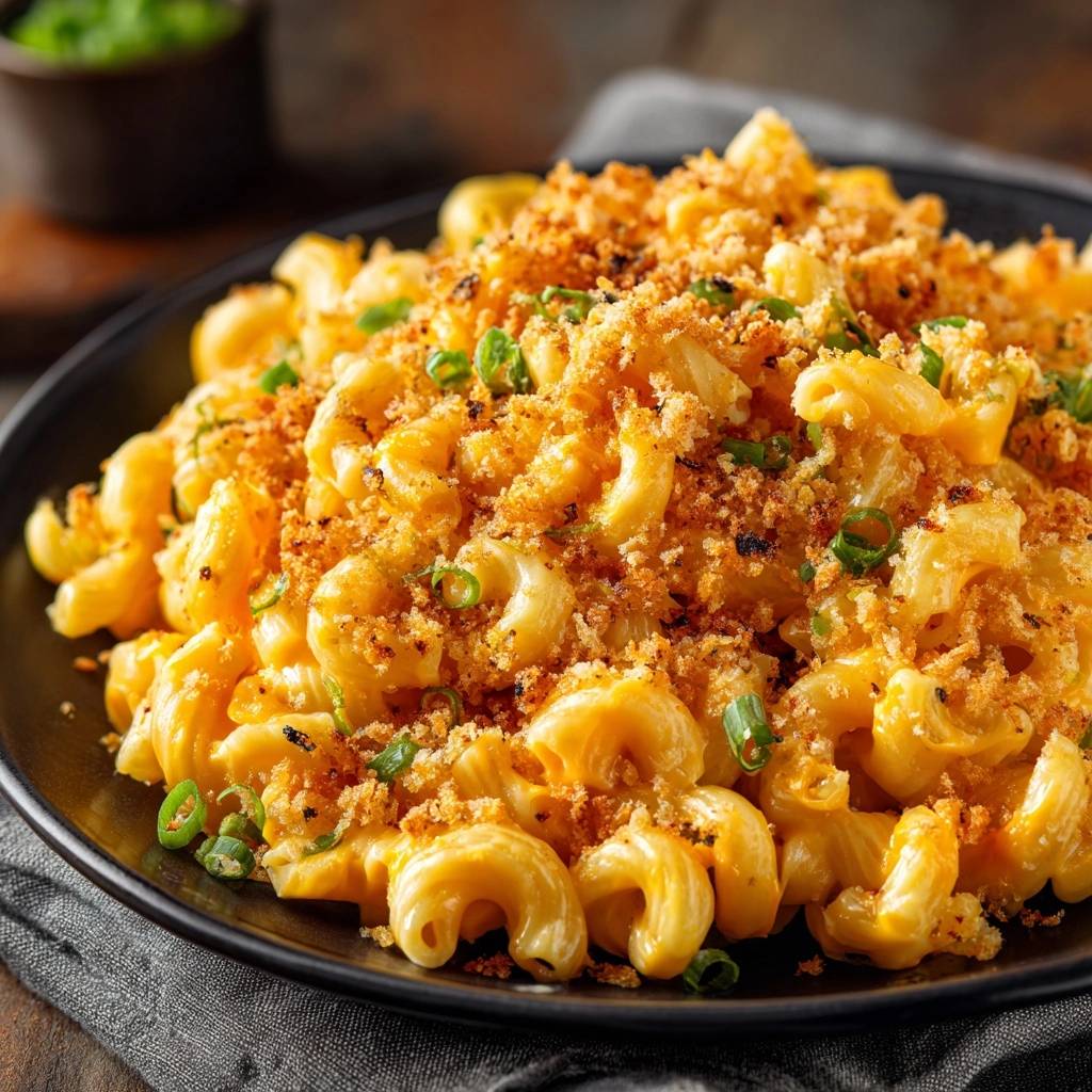 Cremige Mac and Cheese mit Knusperkruste, serviert auf einem schwarzen Teller, mit frischen Kräutern garniert und von oben fotografiert.