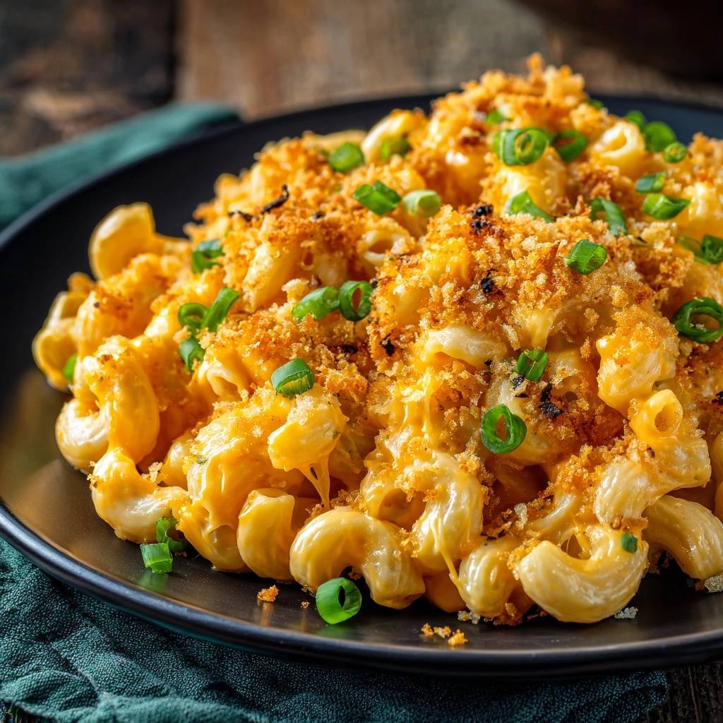 Cremige Mac And Cheese Mit Knusperkruste Serviert 1 Cremige Mac and Cheese mit Knusperkruste serviert auf einem schwarzen Teller, garniert mit frischen grünen Zwiebeln.