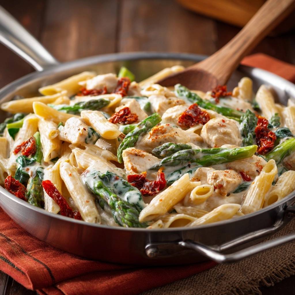 Cremige Penne mit Hähnchen und Spargel in einer Pfanne, aus der Vogelperspektive fotografiert, mit frischem Spargel und sonnengetrockneten Tomaten.